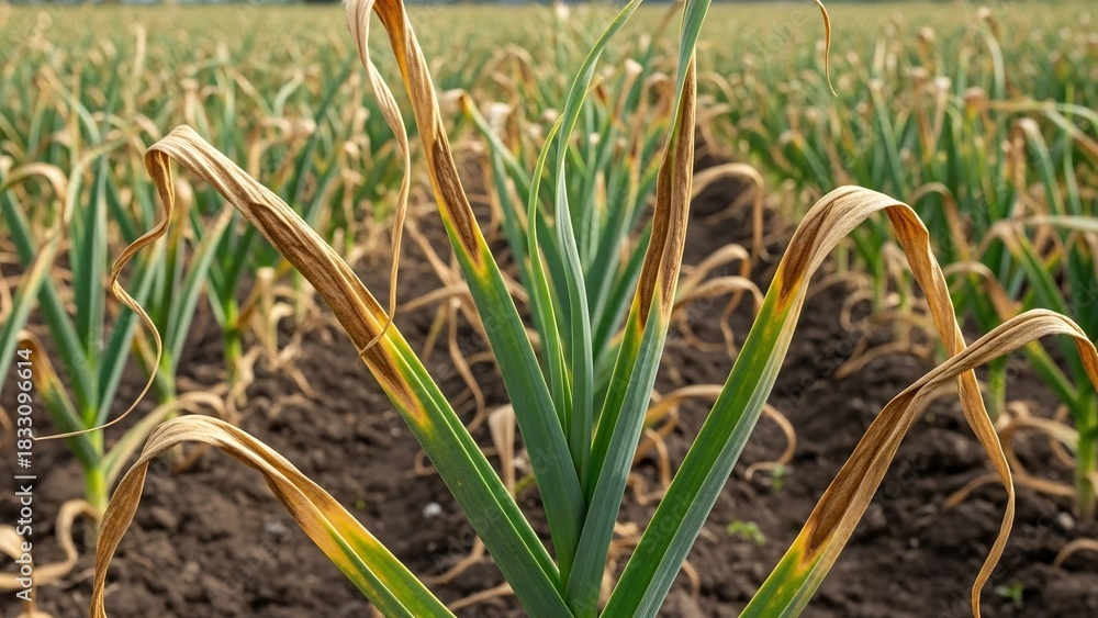 Obraz premium Garlic plants in a field exhibiting browning and wilting leaves, indicating signs of disease, stress, or natural decay affecting agricultural crop health and yield under natural light.