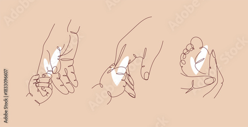 Mother hold child finger, hand, foot illustration drawing in linear art style with brown color lines on beige background