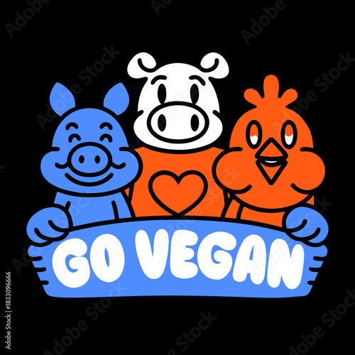 Blue pig white pig chicken holding go vegan banner