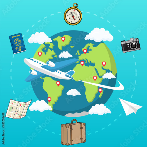 world traveling journey around world holiday destination time to travel vector template illustration