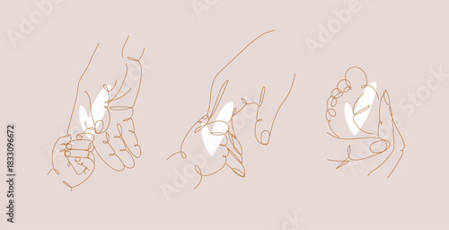 Mother hold child finger, hand, foot illustration drawing in linear art style with beige lines on peach background
