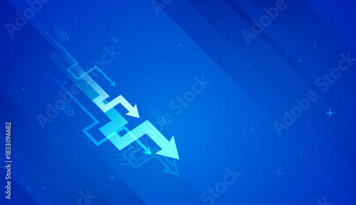 A series of glowing blue arrows move downward, symbolizing a decline in financial performance or business results. Digital arrows drop sharply across a blue tech background