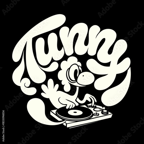 Cartoon turkey dj spinning records on black background