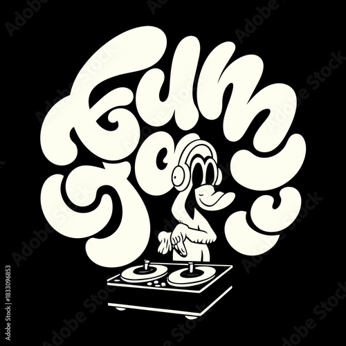 Cartoon turkey dj with headphones spinning records