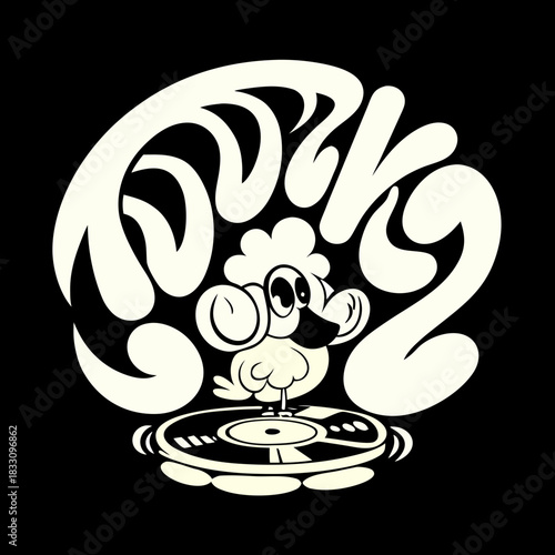 Cartoon turkey dj spinning records with text gobble
