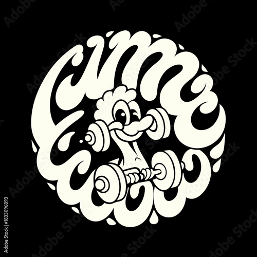 Cartoon turkey lifting dumbbells in a circle weights