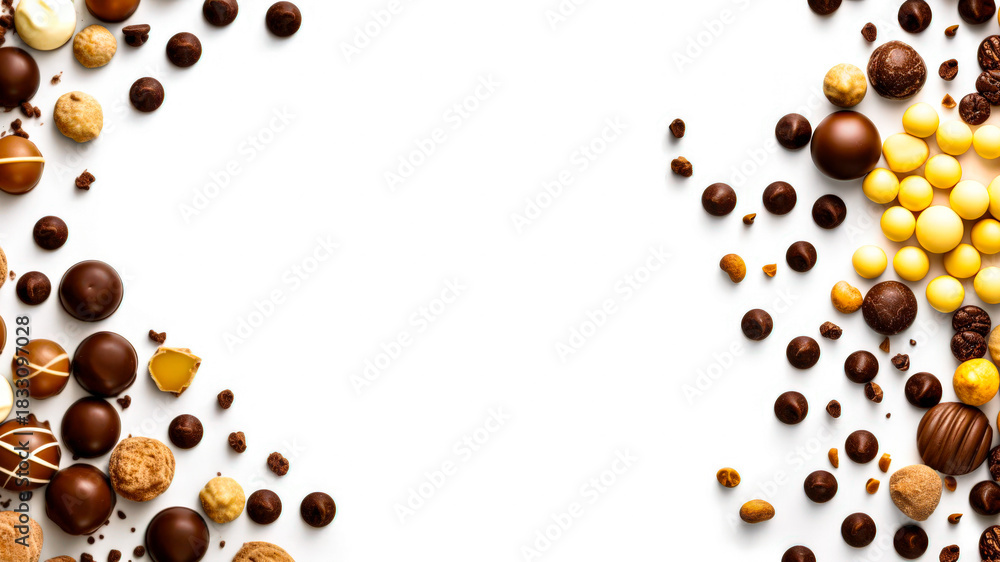 Obraz premium Delicious Assortment of Chocolates and Cookies Elegantly Arranged on a Clean White Background