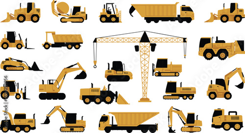 Construction machinery equipment collection featuring cranes, excavators, trucks, loaders, bulldozers, forklifts, and industrial heavy vehicles in detailed vector illustration