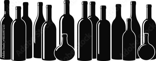 Collection of wine bottle silhouettes in various shapes, elegant beverage container illustration, alcohol drink packaging design for bar, restaurant, winery, and branding concepts