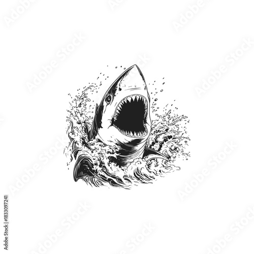 Dynamic vintage engraving style illustration of a massive Great White Shark aggressively breaching the ocean waves with its jaws wide open