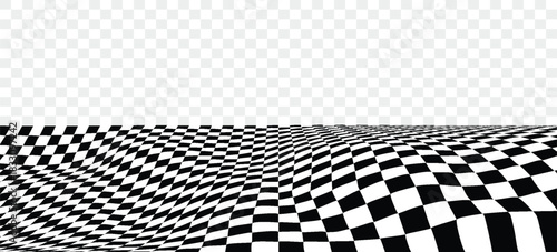 Black and white checkerboard floor in perspective. Abstract checkered tile pattern background. Retro horizontal chess board grid plane surface.