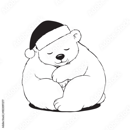 Adorable sleeping bear in a Santa hat, cozy winter illustration featuring festive charm.