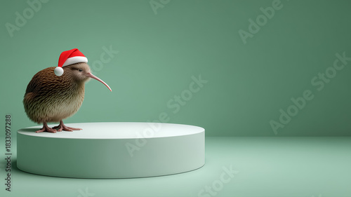 Cute kiwi bird wearing red Santa Claus hat sitting on empty circular white podium. Emerald green background. Stage for product display, presentation and branding. New Year winter December sale. 
