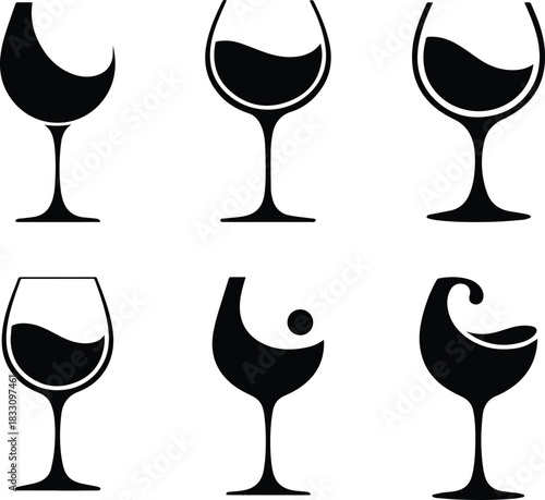 Set of Minimalist black wine glass beverage silhouette vector icon