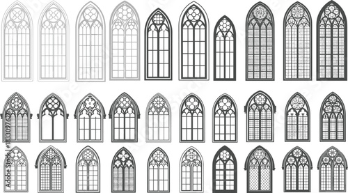 Collection of Gothic arched windows with tracery and stained glass patterns architecture