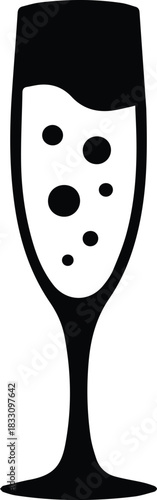 Minimalist black champagne flute glass with bubbles silhouette vector icon
