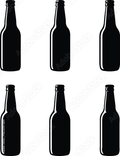 Set of Minimalist black beer glass bottle silhouette vector icon