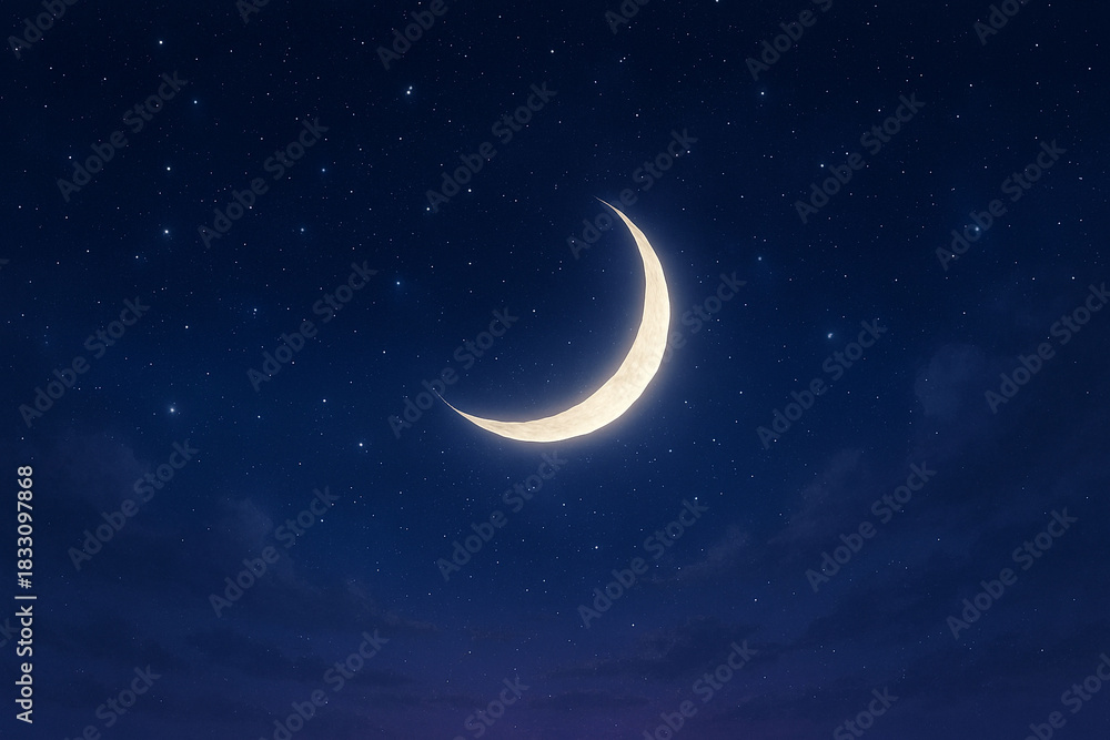 Fototapeta premium Glowing crescent moon silhouette with twinkling stars on night sky background