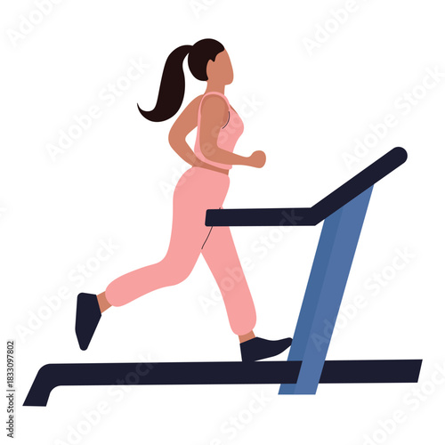 Woman training on a treadmill, running vector, gym and physical exercise, well-being, flat design vector illustration