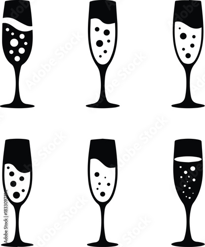 Set of Minimalist black champagne flute glass with bubbles silhouette vector icon