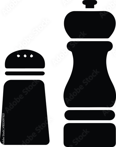 Minimalist black salt shaker and pepper grinder seasoning silhouette vector icon