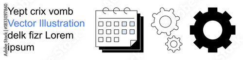 Productivity, management, scheduling, organization, business processes, teamwork. Calendar and gear icons in black and white. Productivity and management concepts with key visuals