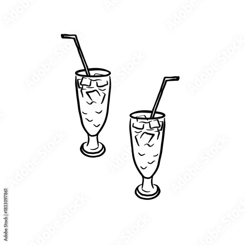 Cocktails sketch with ice an isolated background. Glasses with refreshing drink, party, beverage. Vector illustration for design, card, print, social media, poster. Wineglass in line art style