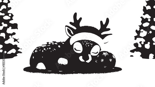 Sleepy reindeer resting beneath snowy trees in a monochrome night scene.