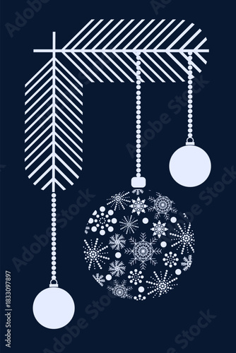 Elegant Christmas pine branch with big snowflake ball and small white balls on dark blue background. Perfect vector element for winter holiday designs and festive decorations
