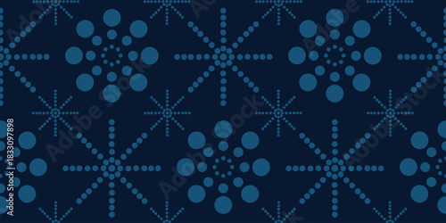 Minimal geometric blue snowflakes arranged in seamless dark winter pattern, ideal for elegant textile prints, gift wrapping, and seasonal designs