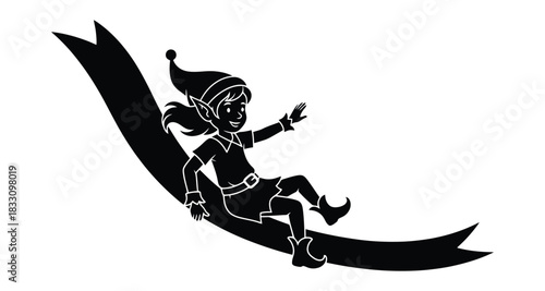A cheerful Christmas elf is sliding down a ribbon in a playful holiday illustration