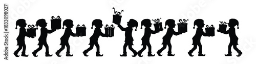 A festive silhouette of elf children carrying Christmas gifts creates a charming holiday scene