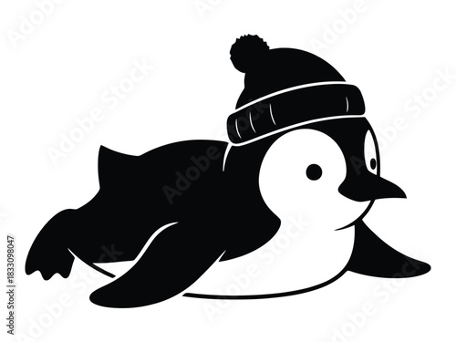 A cute penguin wearing a winter hat is lying down in a black and white illustration perfect for seasonal designs