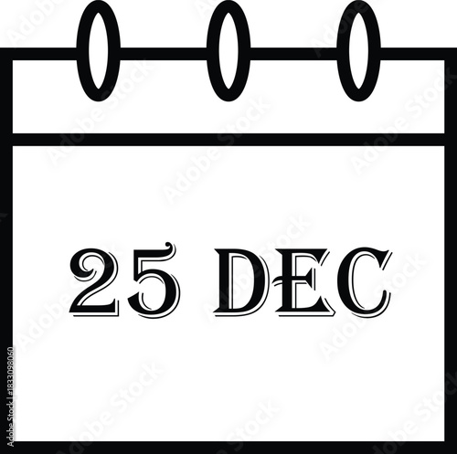 Calendar icon showing 25 December, holiday reminder vector for schedules, planning, events and Christmas date designs, clean outline style with transparent background