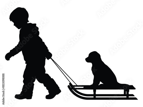 A young boy is pulling a sled with his dog on it in a silhouette against a white background