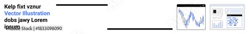 Data analytics, finance, business insights, stock market analysis, technology, research. Visual contains graphs and dashboard interfaces. Data analytics and finance concept