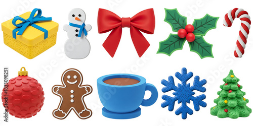 Collection of colorful christmas and winter holiday icons and decorations isolated on transparent background