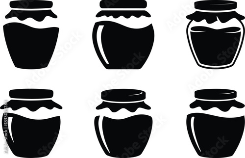 Set of Minimalist black jam jar food container silhouette vector icon