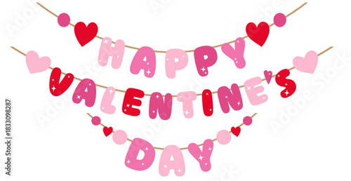 vector banner of pink and red happy valentines day  garland with bubble letters and hearts on transparent background