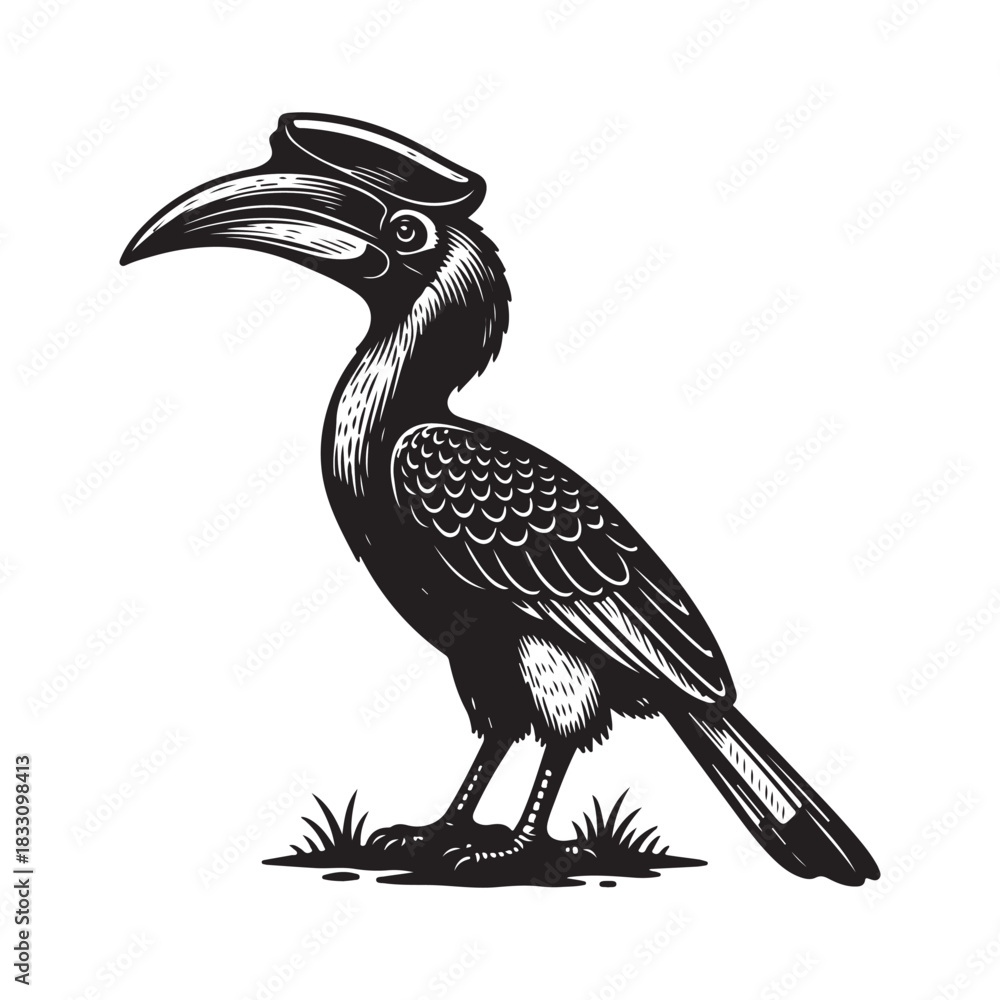 Fototapeta premium Black and yellow billed hornbill. Hornbill Bird Vector Illustration With Large Curved Beak On White