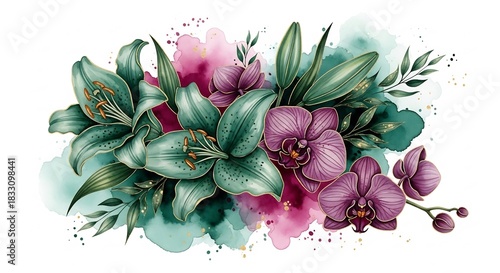 Teal and purple flowers with gold accents on white