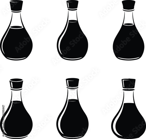 Set of Minimalist black soy sauce bottle condiment silhouette vector icon