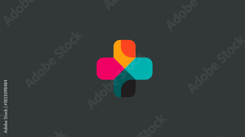 Abstract Modern Plus Sign Logo with Overlapping Vibrant Colors on Dark Gray Background