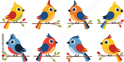 Collection of eight colorful cartoon birds perched on branches illustration