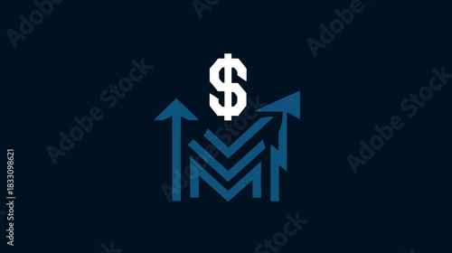 Financial growth and success concept with dollar sign and upward trending arrows on a dark background