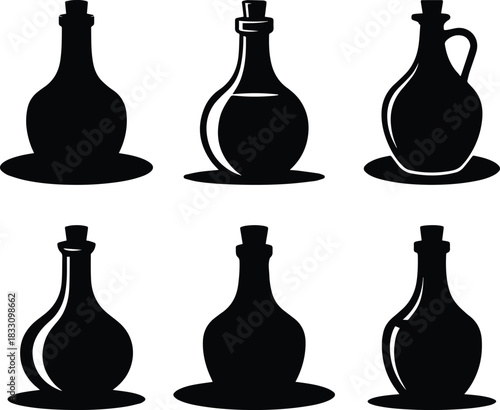 Set of Minimalist black olive oil bottle cruet silhouette vector icon