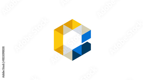 Sleek abstract geometric C letter logo icon, composed of colorful polygonal facets in blue, yellow, and gray, on a white background.