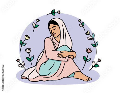 Serene Woman Embraces Calmness Surrounded by Delicate Abstract Flowers in Soft Pastel Hues Serene Illustration of Inner Peace and Growth