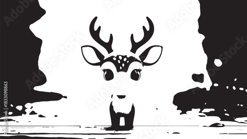 Silhouetted deer emerging from water with splash and reflection.