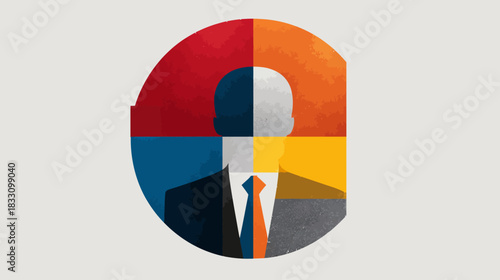 Abstract multi-colored businessman silhouette illustration, divided into four quadrants, representing business diversity, personality, and strategy.